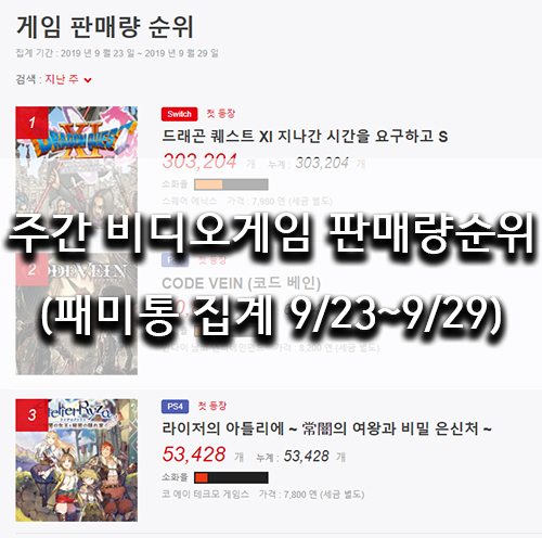  닌텐도 스위치 게임 순위,PS4 타이틀 순위(일본 패미통 집계 9/23~9/29)