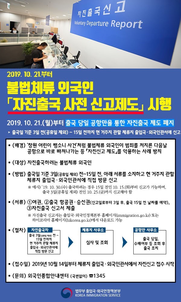  불법체류 외국인 [자진출국사전 신고제도] 시행
