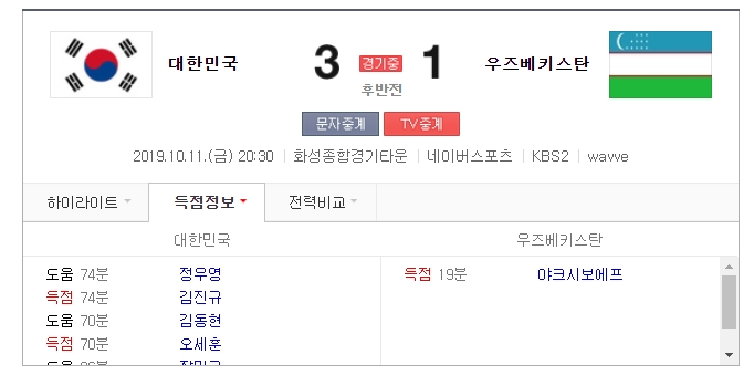  대한민국 우즈베키스탄 장민규,김재우에 이어 오세훈,김진규까지 3골로 대승ing