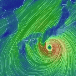 일본태풍 19호 태풍 하기비스 위치, 구글 어스 눌스쿨(earth.nullschool.net)
