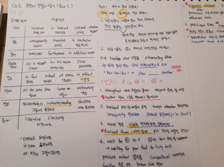  해커스 NEW 텝스 중급 독해 (전반부) 정미애T _Ch2 빈칸에 연결어 넣기 1 강의정리, 노트필기
