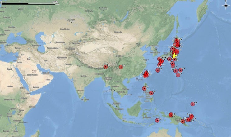  일본 지진 발생!_지바현(혼슈) 지바 남남동쪽 114km 해역_2019년 세계주요지진(지진규모 5.0이상)