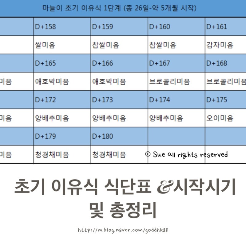 초기이유식 식단표와 유아이유식 시작시기