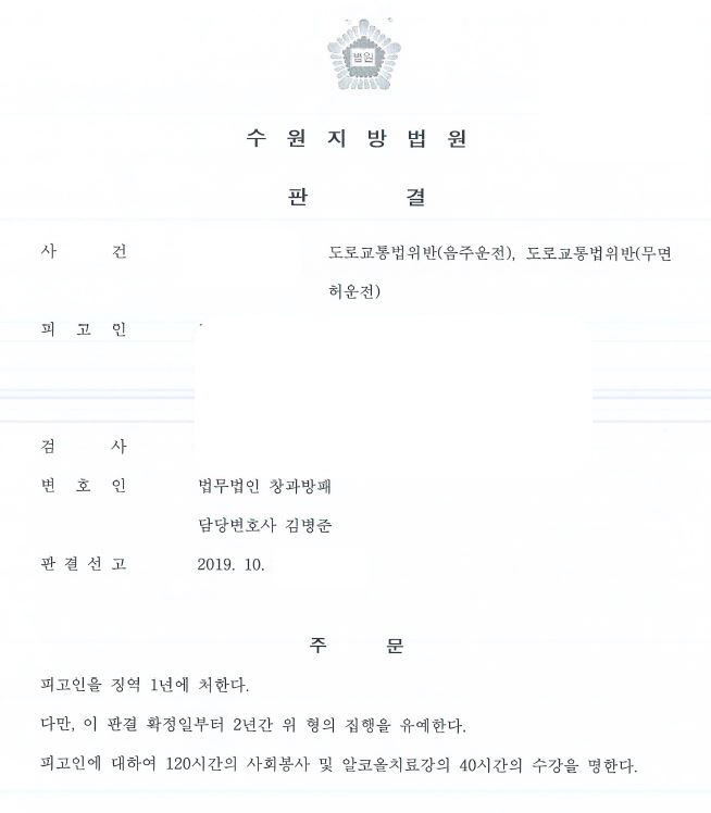  무면허음주운전 징역형의 집행유예 선고 사례