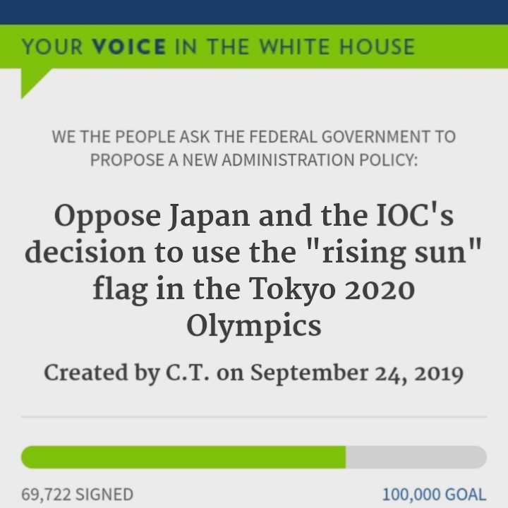  동참해 주세요! 백악관 2020 도쿄 올림픽 욱일기 사용 금지 청원