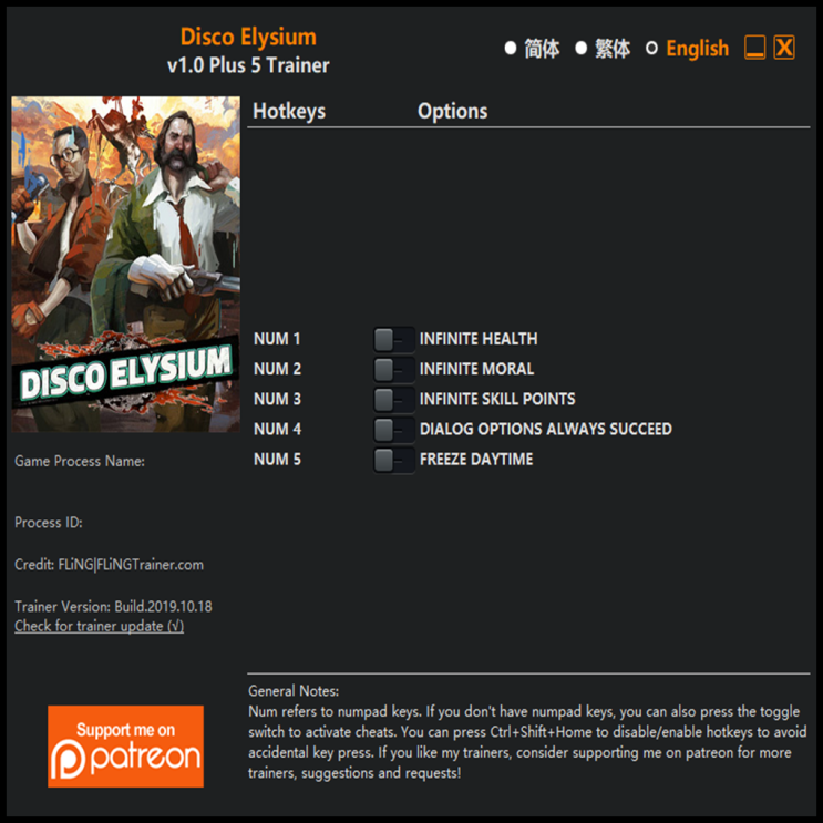  191018 디스코 엘리시움 트레이너 (Disco Elysium Trainer v1.0 +5)3DM