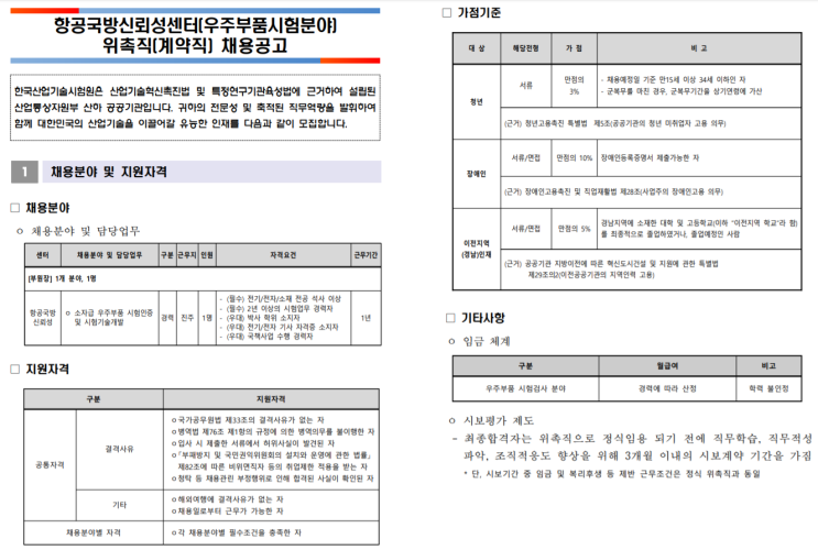  [채용][한국산업기술시험원] 항공국방신뢰성센터(우주부품시험분야) 위촉직(계약직) 채용 공고