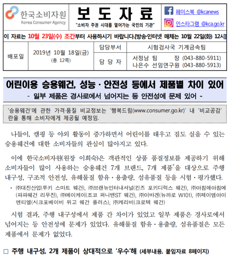 [한국소비자원] 어린이용 승용웨건, 성능·안전성 등에서 제품별 차이 있어