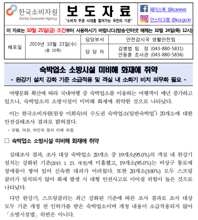 [한국소비자원] 숙박업소 소방시설 미비해 화재에 취약