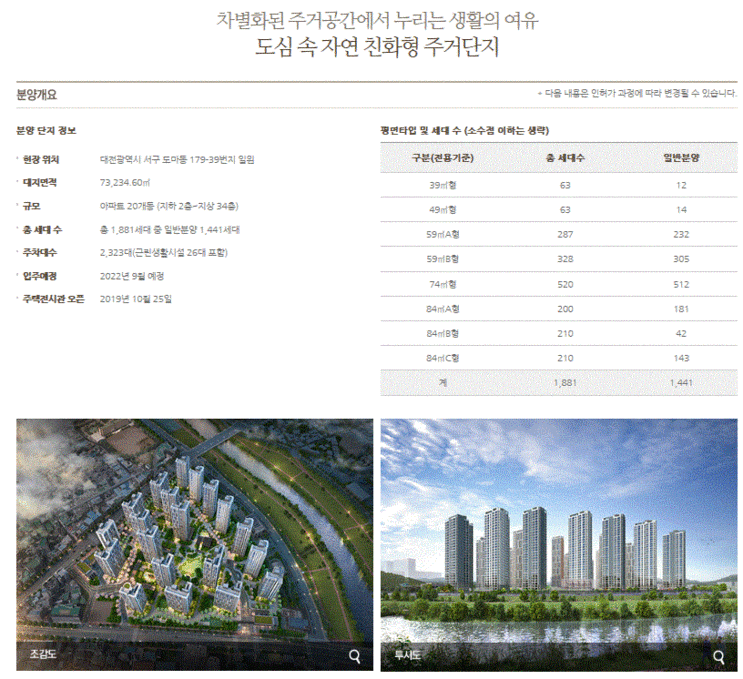  대전도마e편한세상,84A분양가3억7천6백만원(평당약1100만원),중도금유이자 후불제,1순위접수 10월30일(수요일),특별공급 10월29일(화요일),세대수는1881세대