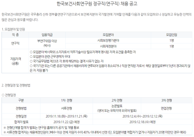  [채용][한국보건사회연구원] 정규직(연구직) 채용 공고