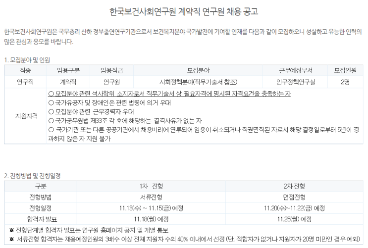  [채용][한국보건사회연구원] 계약직 연구원 채용 공고