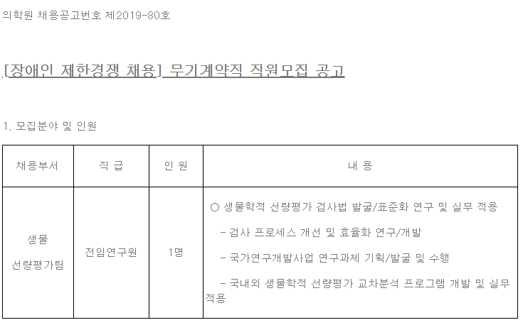  [채용][한국원자력의학원] [장애인 제한경쟁 채용] 무기계약직 직원모집 공고