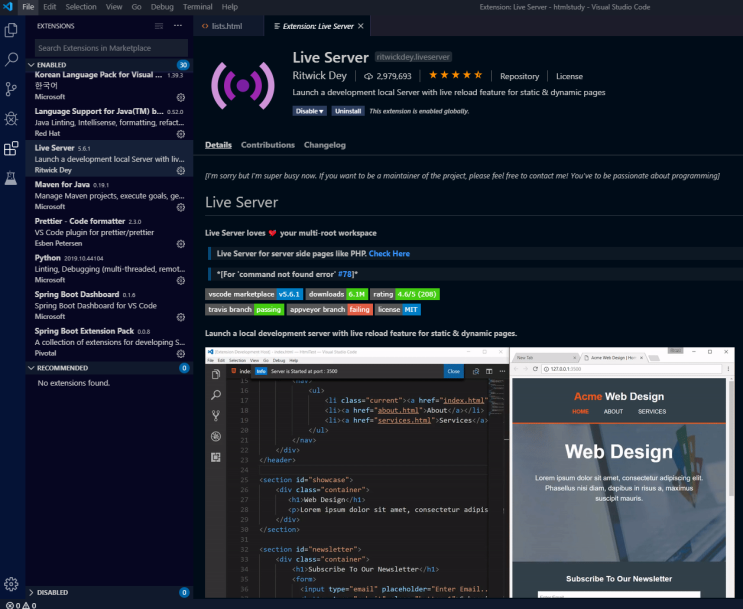 Visual Studio Code @6 Extensions (Live Server)