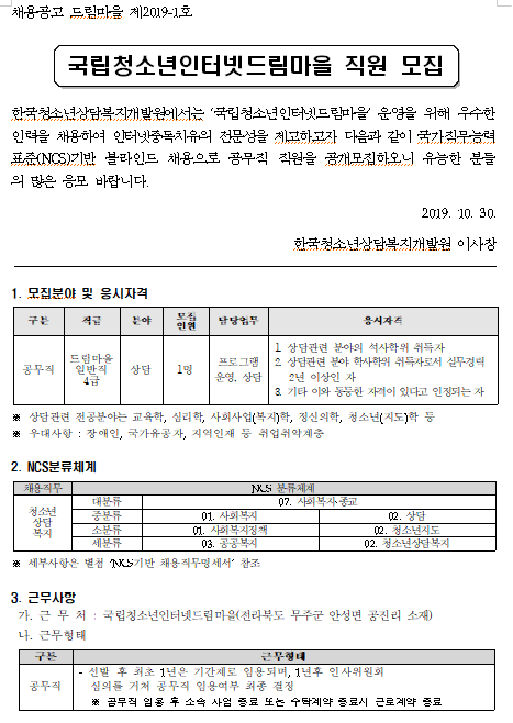  [채용][한국청소년상담복지개발원] 국립청소년인터넷드림마을 직원 모집