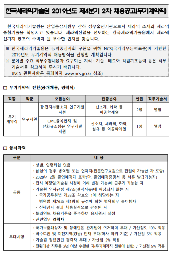  [채용][한국세라믹기술원] 2019년도 제4분기 2차 채용공고(무기계약직)