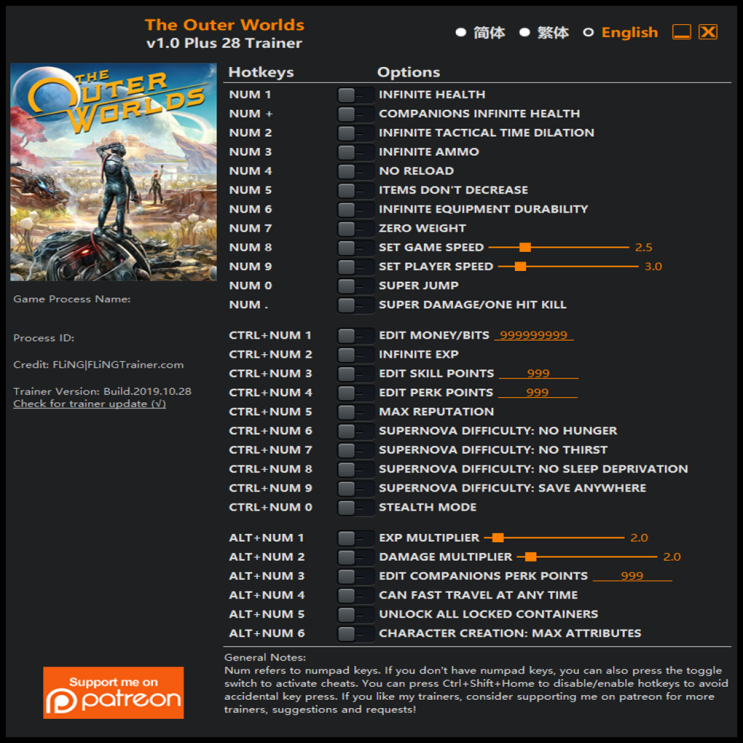  191029 아우터 월드 트레이너 (The Outer Worlds Trainer v1.0 +28)3DM