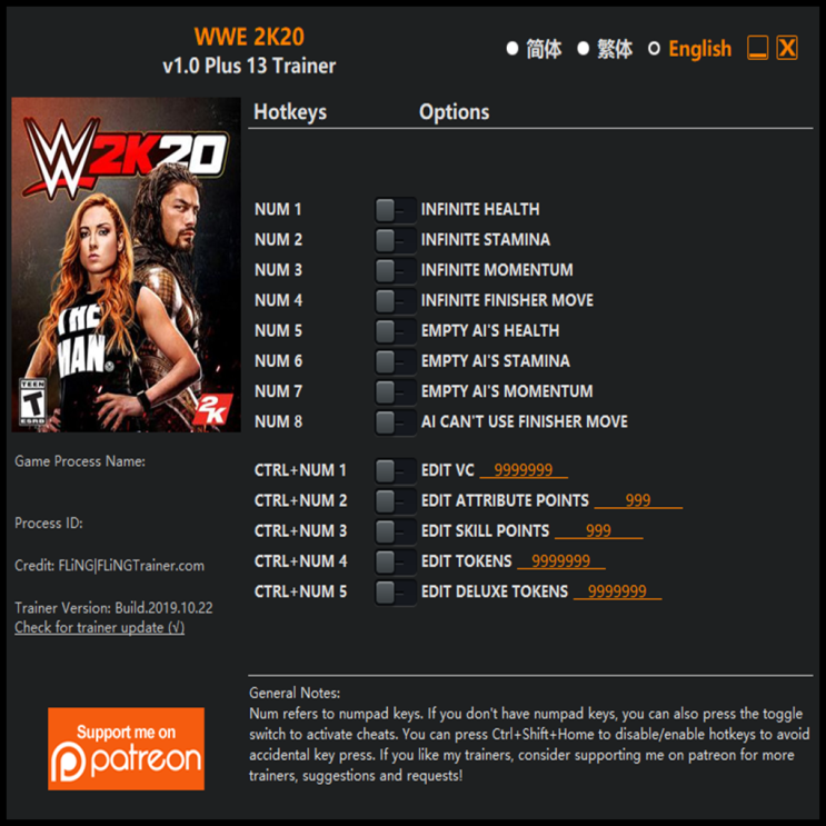  191023 WWE 2K20 트레이너 (WWE 2K20 Trainer v1.0 +13)3DM