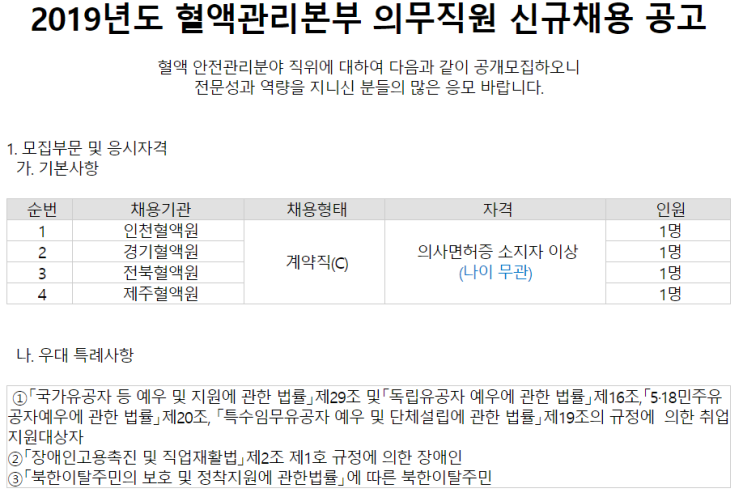  [채용][대한적십자사] 2019년도 혈액관리본부 의무직원 신규채용 공고
