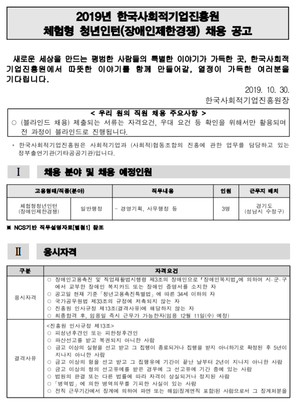  [채용][한국사회적기업진흥원] 2019년 체험형 청년인턴(장애인제한경쟁) 채용 공고