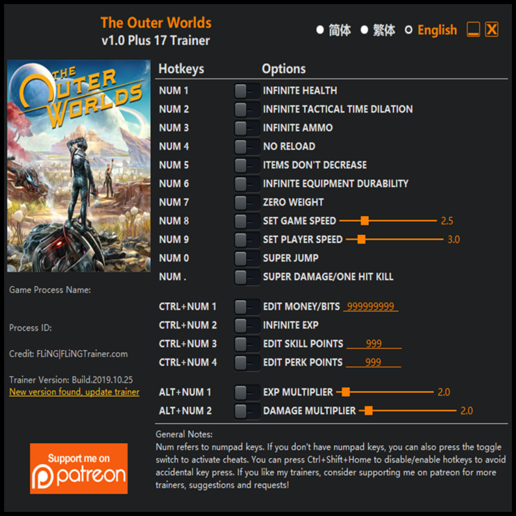  191025 아우터 월드 트레이너 (The Outer Worlds Trainer v1.0 +17)3DM