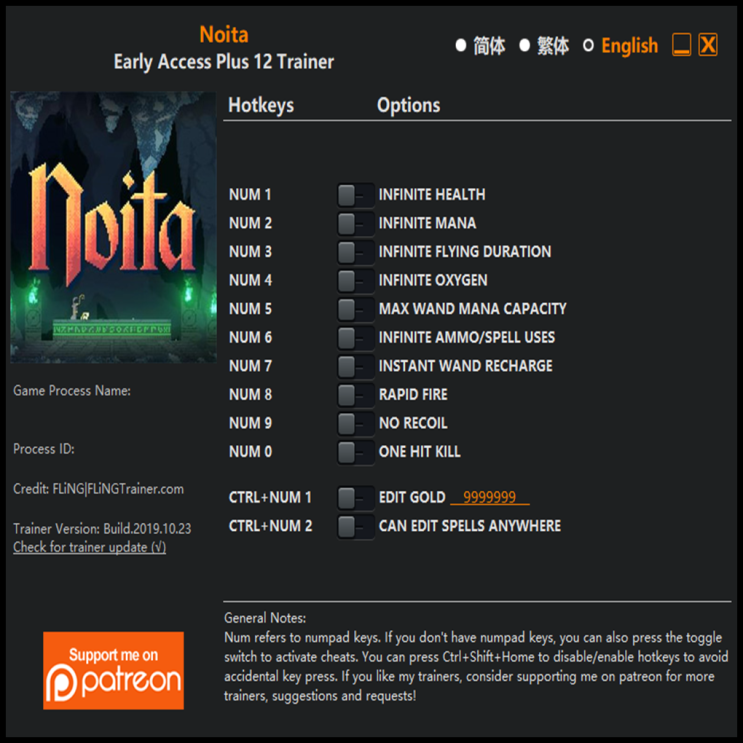  191024 노이타 얼리 액세스 트레이너 (Noita Early Access Trainer Updated +12)3DM