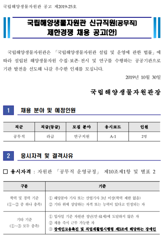  [채용][국립해양생물자원관] (공고 제2019-25호) 공무직 근로자 제한경쟁 채용 공고