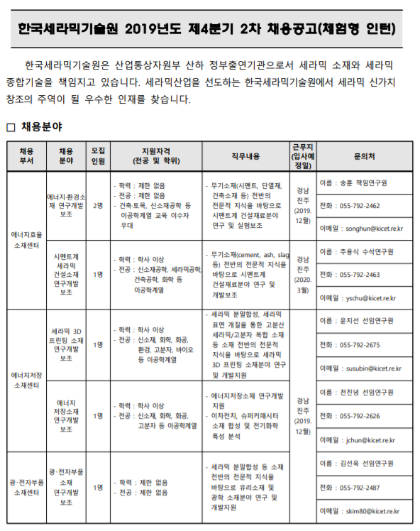  [채용][한국세라믹기술원] 2019년도 제4분기 2차 채용공고(체험형 인턴)