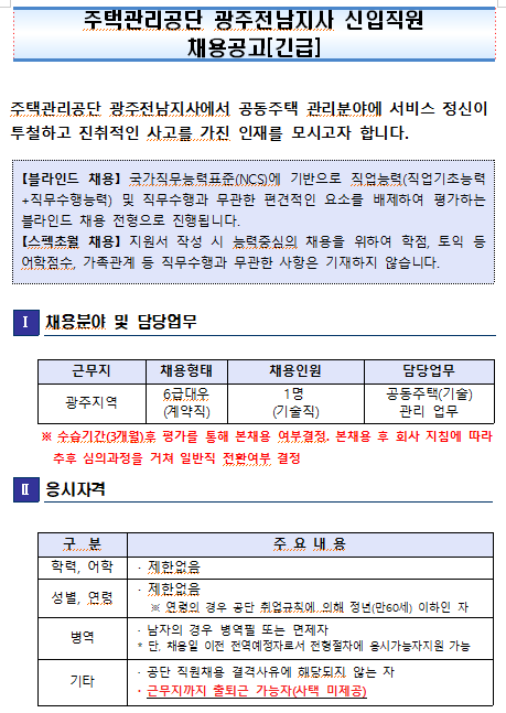  [채용][주택관리공단] 광주전남지사 전문직[기술] 신입직원 채용 공고[긴급]
