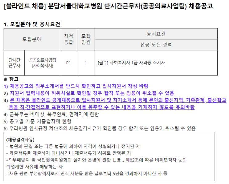 [채용][분당서울대학교병원] 단시간근무자(공공의료사업팀) 채용공고