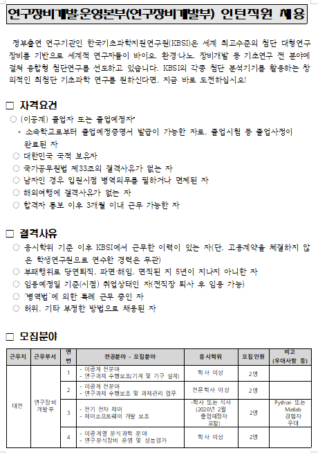  [채용][한국기초과학지원연구원] 연구장비개발․운영본부(연구장비개발부) 인턴직원 채용