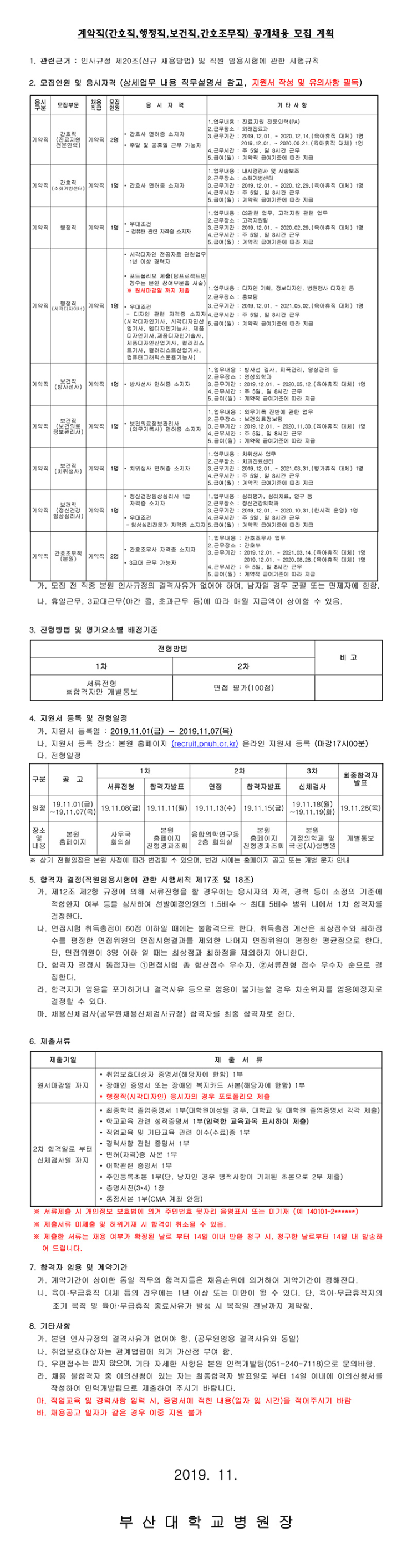  [채용][부산대학교병원] 계약직(간호직,행정직,보건직,간호조무직) 블라인드 채용 모집 공고