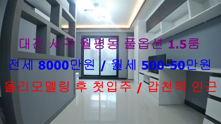  대전 서구 월평동 갑천역 인근에 있는 역세권 !! 올 리모델링 된 후 첫입주로 들어가는 풀옵션 1.5룸 (투룸식 원룸, 미니 투룸) ^^ 전세 월세 모두 가능한 매물입니다 ~!