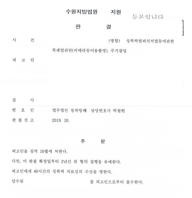  주거침입 및 카메라등이용 촬영 다수 병합 징역형의 집행유예 선고 사례