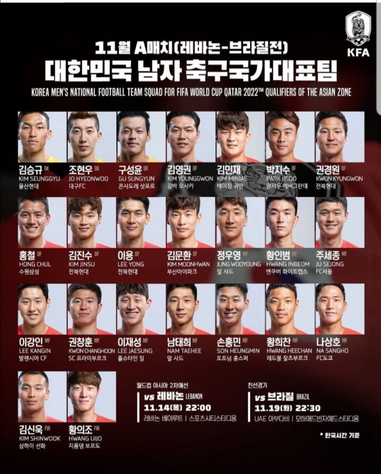 11월 한국축구대표팀 A매치 선수 명단 발표(<b>브라질전</b>... 