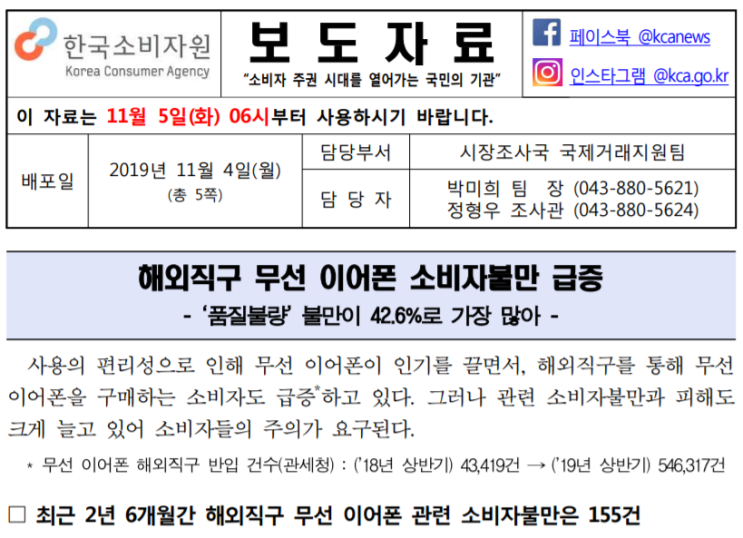  [한국소비자원] 해외직구 무선 이어폰 소비자불만 급증