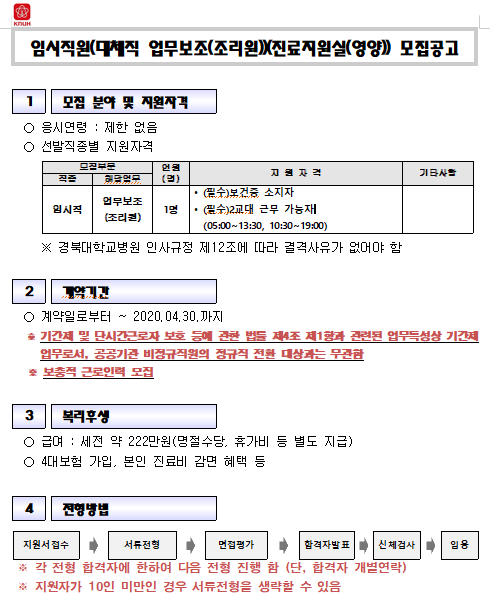  [채용][경북대학교병원] 임시직원(대체직 업무보조(조리원))(진료지원실(영양)) 모집공고