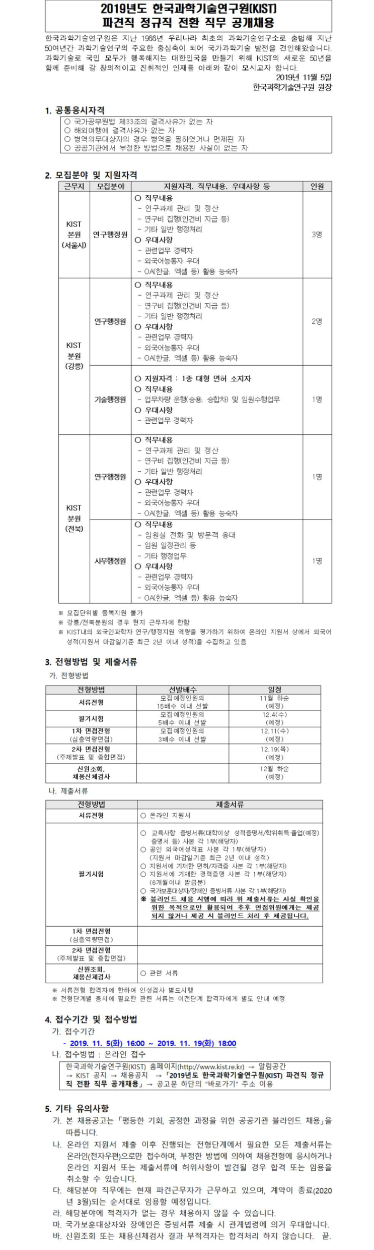  [채용][한국과학기술연구원] 2019년도 한국과학기술연구원(KIST) 파견직 정규직 전환 직무 공개채용