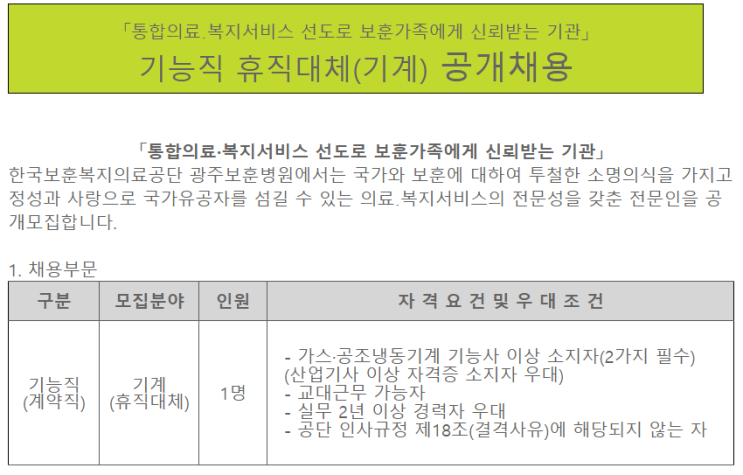 [채용][한국보훈복지의료공단] [광주보훈병원] 기능직 휴직대체(기계) 공개채용