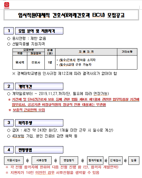 [채용][경북대학교병원] 임시직원(대체직 간호사)(외래간호과 EICU) 모집공고