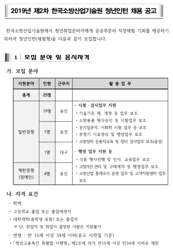  [채용][한국소방산업기술원] 2019년 제2차 청년인턴 채용공고