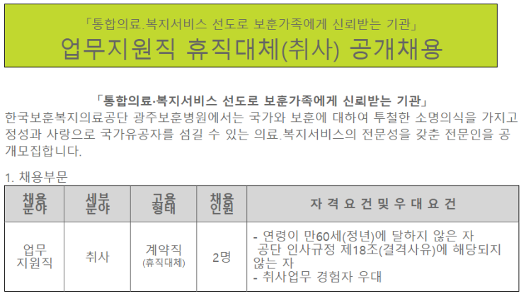  [채용][한국보훈복지의료공단] [광주보훈병원] 업무지원직 휴직대체(취사) 공개채용