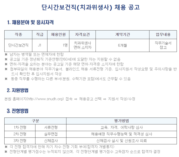  [채용][서울대학교치과병원] 단시간보건직(치과위생사) 채용 공고