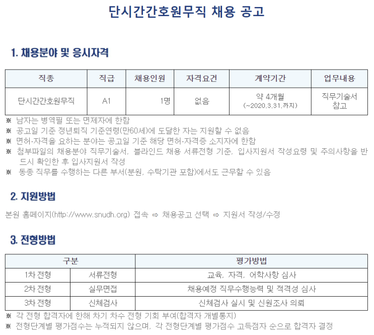  [채용][서울대학교치과병원] 단시간간호원무직 채용 공고