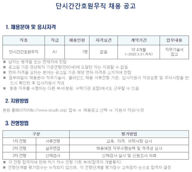 [채용][서울대학교치과병원] 단시간간호원무직 채용 공고