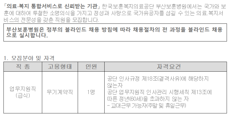  [채용][한국보훈복지의료공단] [부산보훈병원] 업무지원직(급식) 공개채용