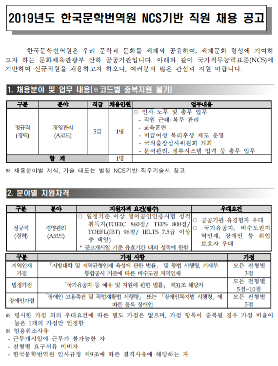  [채용][한국문학번역원] 2019-007 공개채용(정규직 1인) 공고