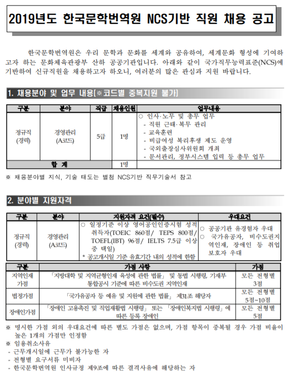 [채용][한국문학번역원] 2019-007 공개채용(정규직 1인) 공고