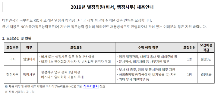  [채용][한국투자공사] 2019년 별정직원(비서, 행정사무) 채용안내