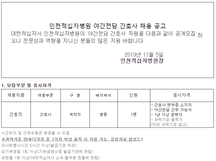  [채용][대한적십자사] 인천적십자병원 계약직 야간전담 간호사 채용 공고